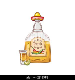 Glass and bottle of tequila, salt and slice of lime.Vintage vector engraving illustration for label, poster, web, invitation to a party. Stock Vector