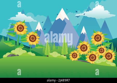 Green summer rural landscape with big sunflowers illustration. Stock Vector