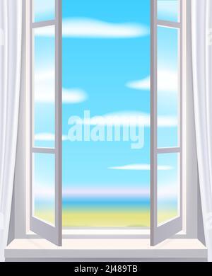 Opened window in interior, view on landscape, spring, curtains. Vector illustration template realistic Stock Vector