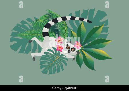 Cute cartoon gray lemur catta with tropical leaves and flowers. Stock Vector