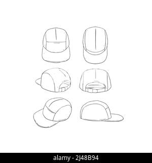 Hand drawn vector illustration of blank 5 panel camp hat, cap on white background Stock Photo