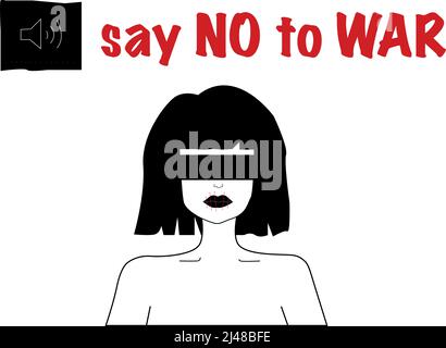 illustration of blindfolded woman near say no to war lettering on white,stock image Stock Vector