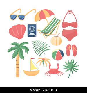 Collection of cute summer elements: palm tree, beach umbrella, glasses, tropical leaves, crab, cocnut. Design for poster, card, scrapbooking , tag, in Stock Vector