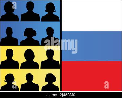 illustration of people against ukrainian and russian flags, negotiation concept,stock image Stock Vector