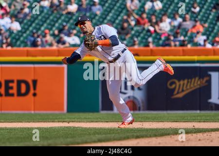 Cleveland, United States. 22nd May, 2022. Detroit Tigers Javier Baez (28)  and Jonathan Schoop (7) celebrate a 4-2 win over the Cleveland Guardians at  Progressive Field in Cleveland, Ohio on Sunday, May