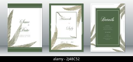 Wedding invitation card natural design template with frame and green leaf Stock Vector