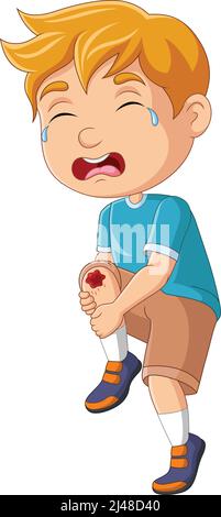 Cartoon little boy crying with scraped knee Stock Vector