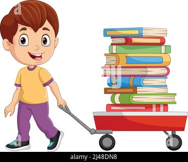 Cartoon little boy pulling wagon cart with pile of books Stock Vector