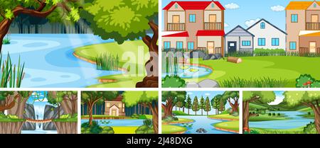 Nature scene with many trees and river illustration Stock Vector Image ...