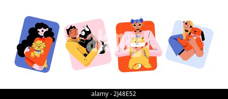 Portraits of owners with pets. People hold and hug dogs and cats. Vector flat illustration of happy women and man characters with domestic animals. Set of pet owners avatars Stock Vector