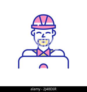 Smiling young professional working at laptop. Software engineer in hard hat. Pixel perfect, editable stroke fun color icon Stock Vector