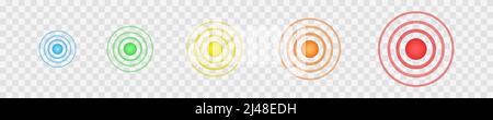 Multicolored concentric points. Symbols of aim, target, pain, healing, hurt, painkilling. Round localization icons. Radar, sound or sonar wave signs on transparent background. Vector illustration Stock Vector