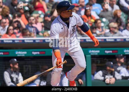 Detroit MI, USA. 12th Apr, 2022. Boston center fielder Enrique Hernandez  (5) gets a hit during the game with Boston Red Sox and Detroit Tigers held  at Comercia Park in Detroit Mi.