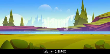 Summer nature landscape, scenery valley with lake, rocks, green field with lush grass and conifers trees. Pond and spruces under blue sky, natural park, cartoon parallax background Vector illustration Stock Vector