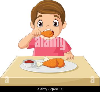 Cartoon little boy eating fried chicken Stock Vector