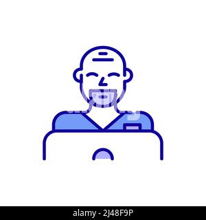 Young professional nurse. Smiling man working and learning at laptop. Pixel perfect, editable stroke color icon Stock Vector