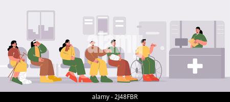 Patients waiting doctors appointment at clinic hallway. People wait in queue at hospital hall with reception desk. Sick persons at medical center interior, healthcare Line art flat vector illustration Stock Vector