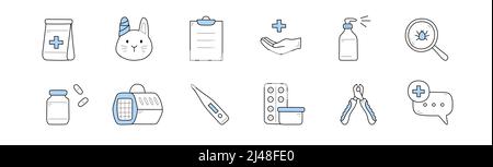 Veterinary clinic doodle icons pet with bandaged ear, bag with cross, prescription and hand, sprayer bottle, mite under magnifier, medical pills and bottle, thermometer, clippers, Linear vector set Stock Vector