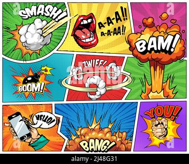 Comic bright composition with explosive halftone rays radial effects speech bubbles wordings shouting mouth bomb hand holding mobile vector illustrati Stock Vector