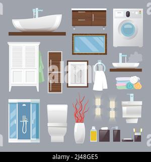 Bathroom furniture flat icons set with sink toilet bowl towels isolated vector illustration Stock Vector