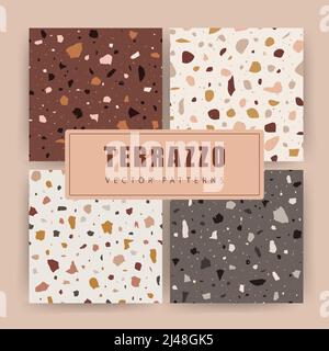 Set of colorful terrazzo imitation. Seamless patterns with glass, marble and natural stone. Retro vector illustration Stock Vector