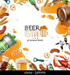 Beer festival template with can crisps potato glasses barrel mug pretzel lobster wheat bottle opener vector illustration Stock Vector