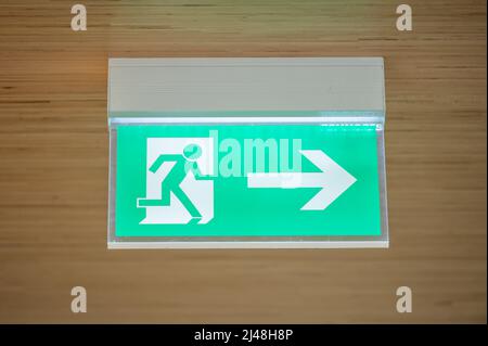 Schiltach, Germany. 11th Apr, 2022. An illuminated emergency exit sign hangs from the ceiling in an exhibit. Credit: Silas Stein/dpa/Ģ����ý Live News Stock Photo