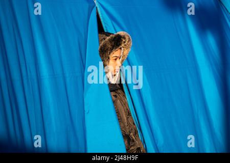 Przemysl, Poland. 13th Apr, 2022. Anny, a volunteer for an animal welfare organization, looks out of a tent at the Medyka border crossing just over the Ukrainian border on the Polish side in the morning. Credit: Christoph Soeder/dpa/Alamy Live News Stock Photo