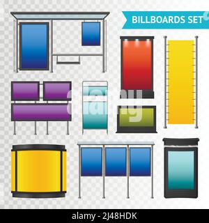 Colorful promotional billboards set with various displays and boxes isolated on transparent background vector illustration Stock Vector