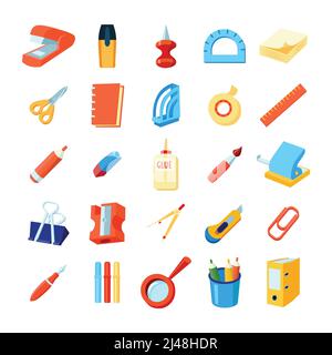 Colorful stationery icons set of various office supplies in flat style isolated vector illustration Stock Vector