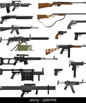 Big flat set of various weapons guns pistols and rifles isolated on white background vector illustration Stock Vector