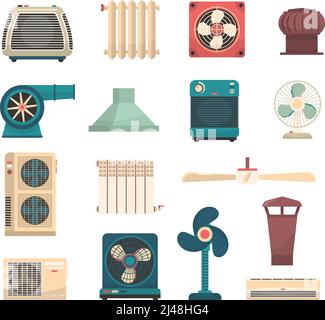 Colorful flat set of ventilation conditioning and heating system equipment isolated vector illustration Stock Vector