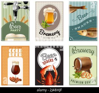 Beer vertical banners set with wheat filled mug fish glass potato lobster and wooden barrel vector illustration Stock Vector