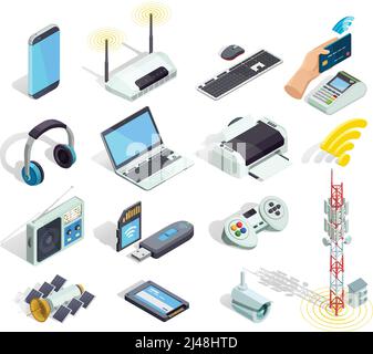 Wireless connection technology electronic gadgets and devices isometric icons collection with printer router and keyboard isolated vector illustration Stock Vector