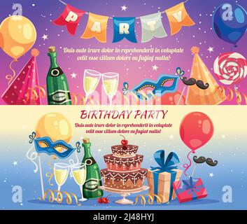 Birthday party colorful horizontal banners with festive accessories sweet treats champagne wine glasses and gifts flat vector illustration Stock Vector
