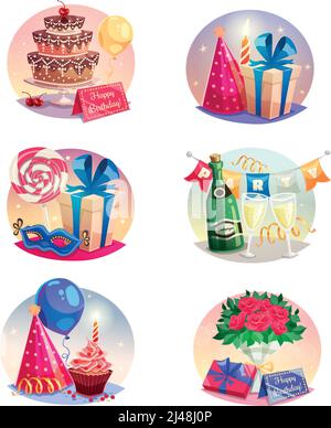 Celebration set of isolated bubble compositions with elements of party or carnival attributes and birthday gifts flat vector illustration Stock Vector