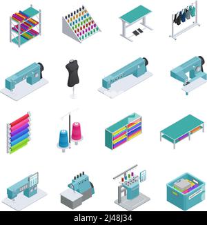Colored and isolated garment factory isometric icon set machines sewing machines garment manufacturing vector illustration Stock Vector