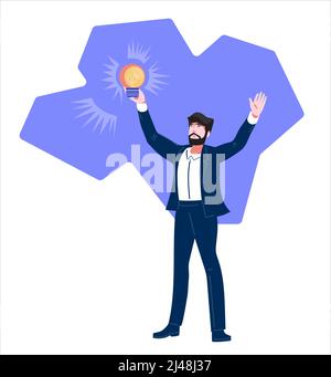 Business idea and innovations. Businessman with light bulb as generating fresh content. Stock Vector