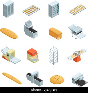 Colored and isolated bakery factory isometric icon set with elements and tools for baking bread vector illustration Stock Vector