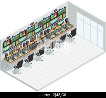 Video tv broadcast studio isometric interior composition with television production facility control room equipment and chairs vector illustration Stock Vector