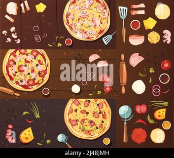 Set of banners with pizza cooking tools vegetables cheese and meat on wood background isolated vector illustration Stock Vector
