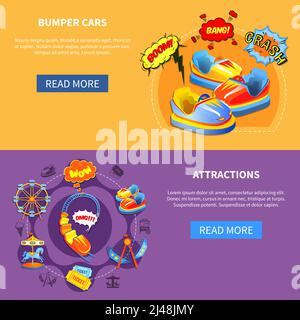 Bumper cars and attractions horizontal banners website design abstract isolated vector illustration Stock Vector