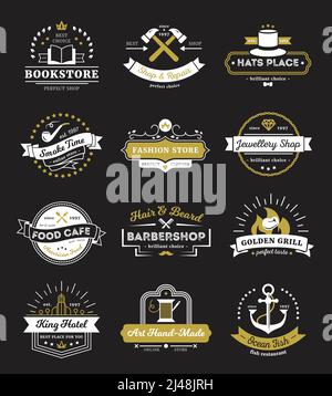 Vintage logos of hotel stores restaurant and cafe with design elements on black background isolated vector illustration Stock Vector