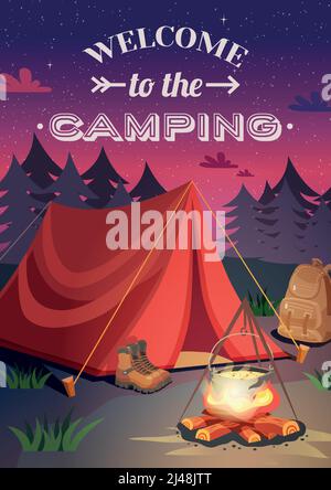Camping vertical background poster with cartoon style composition shelter tent campfire at the set of sun vector illustration Stock Vector