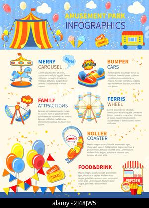 Amusement park infographics layout with carousel and attractions vector illustration Stock Vector