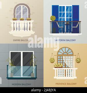 Four square compositions set with antique classic and modern balcony design concept with flat window images vector illustration Stock Vector