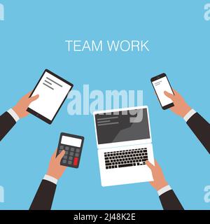 Business teamwork concept, hands holding computer, calculator, smartphone, pad Stock Vector