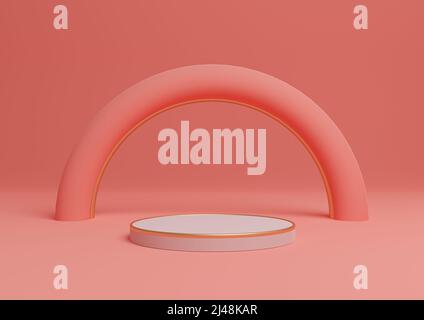Bright, neon, salmon pink 3D rendering simple product display cylinder podium or stand with golden lines minimal composition with an arch geometric an Stock Photo
