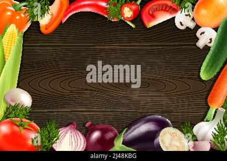 Brown wooden background with frame composed from colorful whole and sliced vegetables in realistic style vector illustration Stock Vector