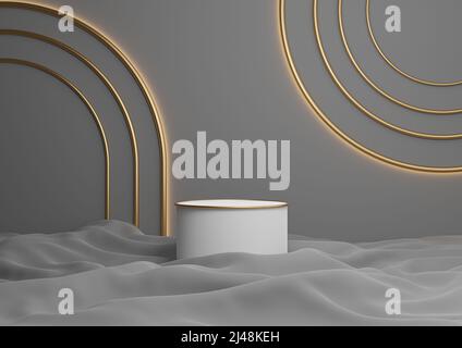 Dark graphite gray, black and white 3D rendering luxurious product display cylinder podium or stand with golden lines minimal composition with an arch Stock Photo